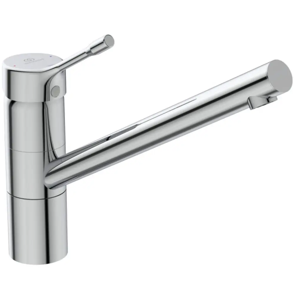 Küchenarmatur in Chrom von Ideal Standard mit hohem Auslauf und seitlichem Hebel zur Wasserregulierung. Minimalistisches Design, geeignet für moderne Kücheneinrichtungen.